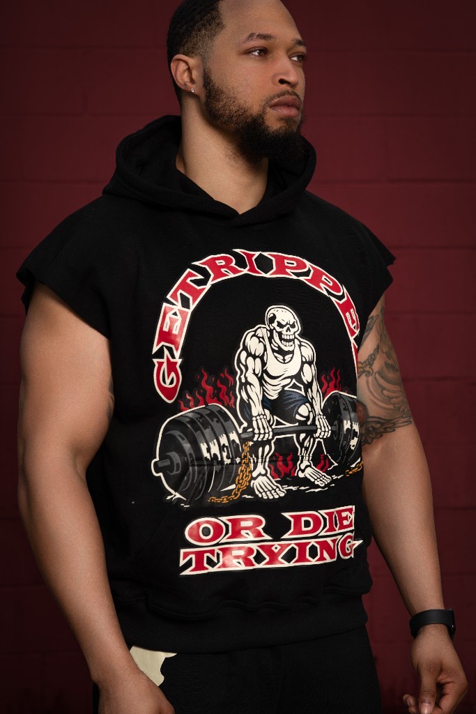 GRODT Cut-Off Hoodie in black with skeleton deadlift print